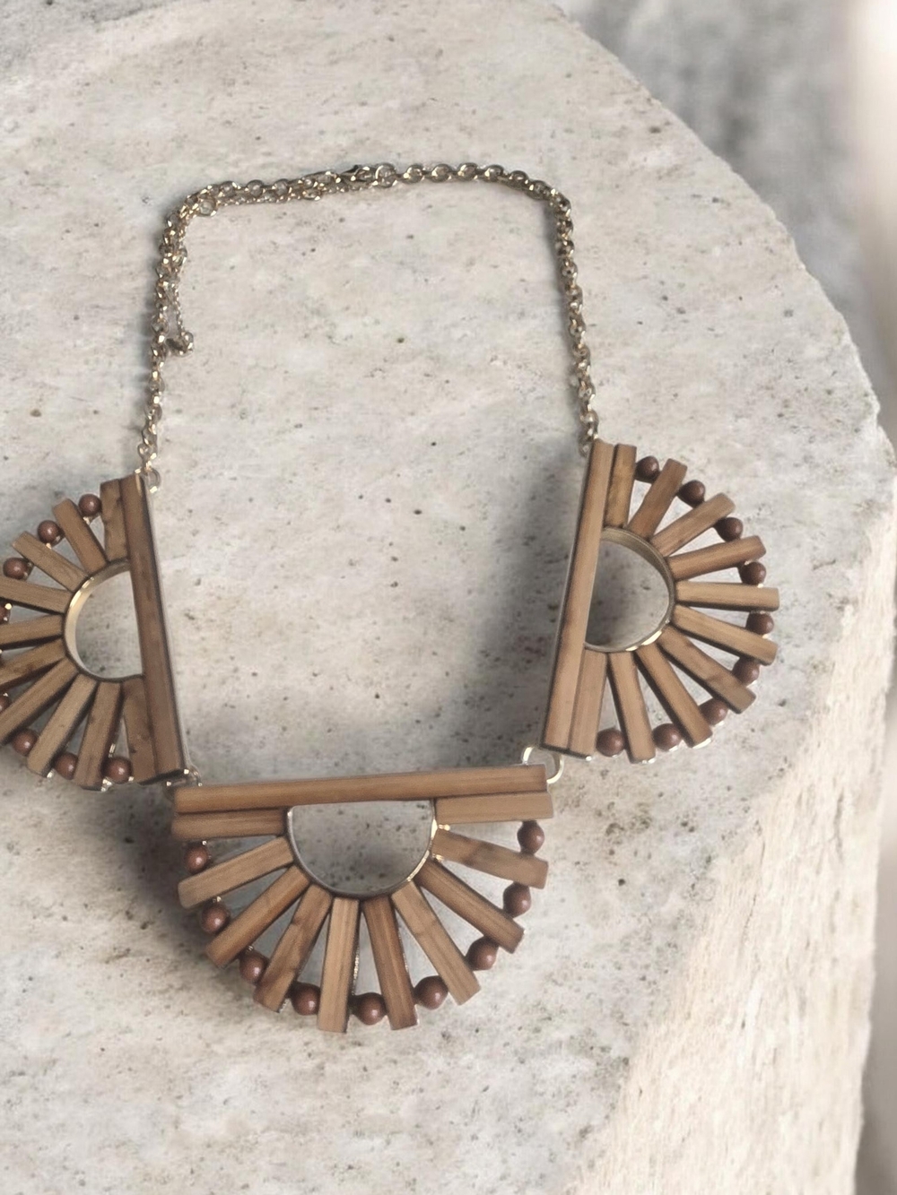 Gold-Tone Chain Necklace with Brown Wooden Fan Accents